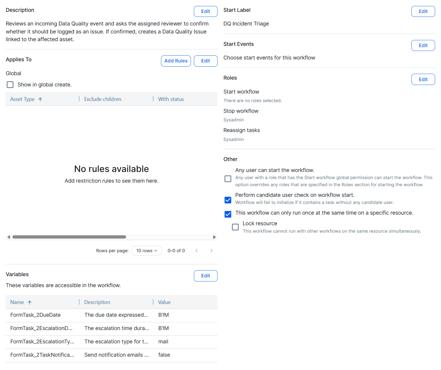 The DQ Incident Triage workflow definition settings page in Collibra.