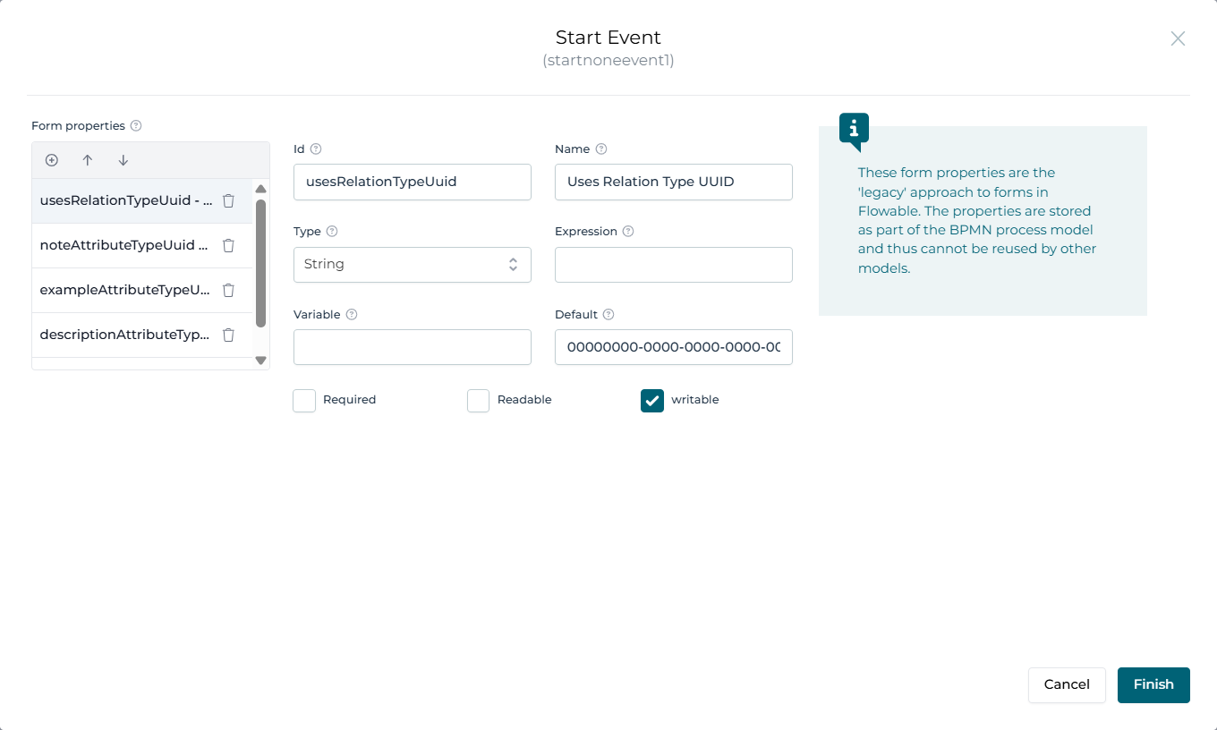 Workflow configuration variables for the Issue Creation workflow in Collibra Workflow Designer